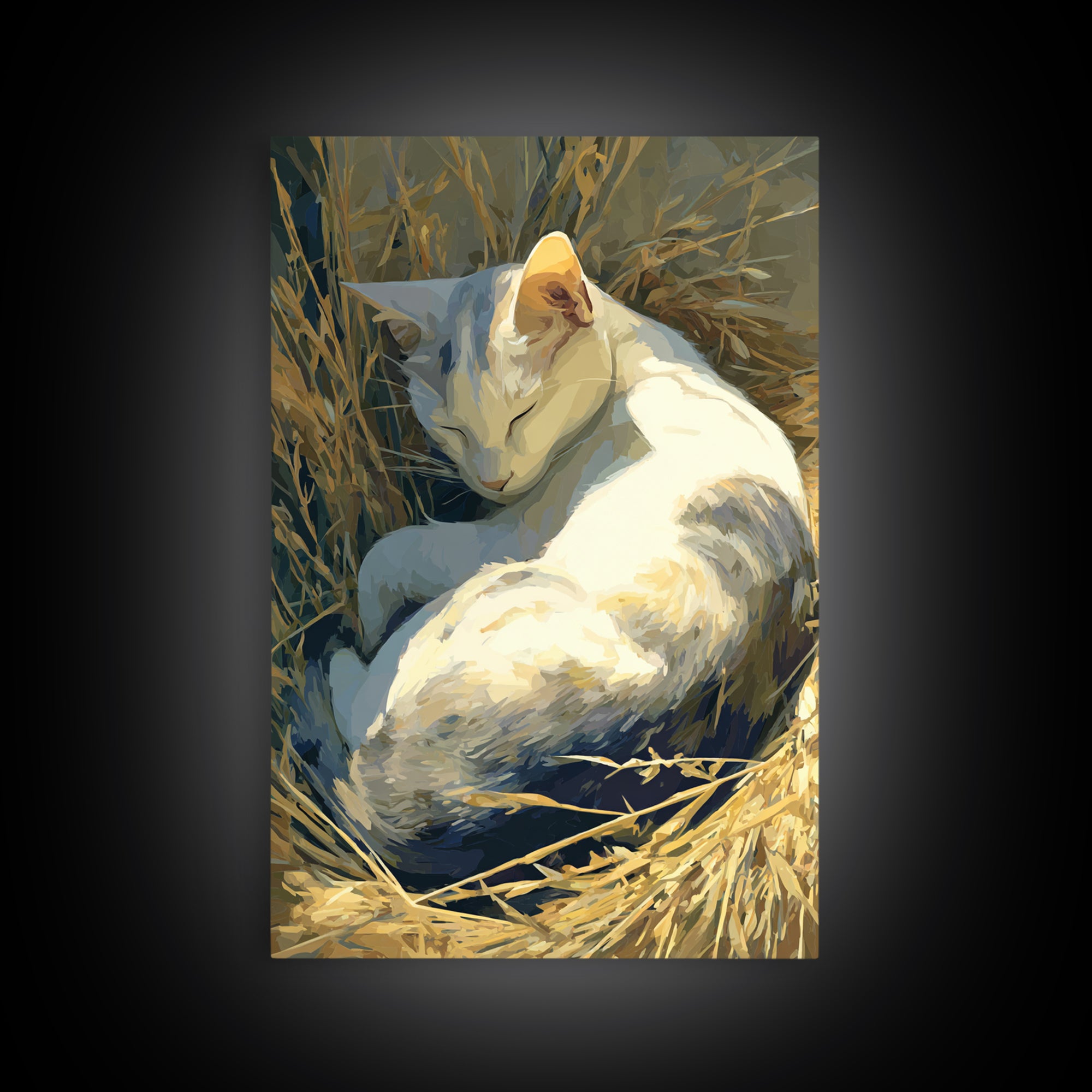 Sleeping Cat Curled Framed Canvas Print, Animal Art, Printable, Living Room Decor, Fine Art, Creature, Nursery, Boho Wall Art, ANI-2x3-68