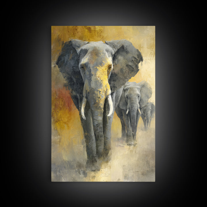 Elephant Family Walking Through Dusty Golden Light Canvas Print, Animal Art, Art, Living Room Decor, Fine Art, Creature, ANI-2x3-70