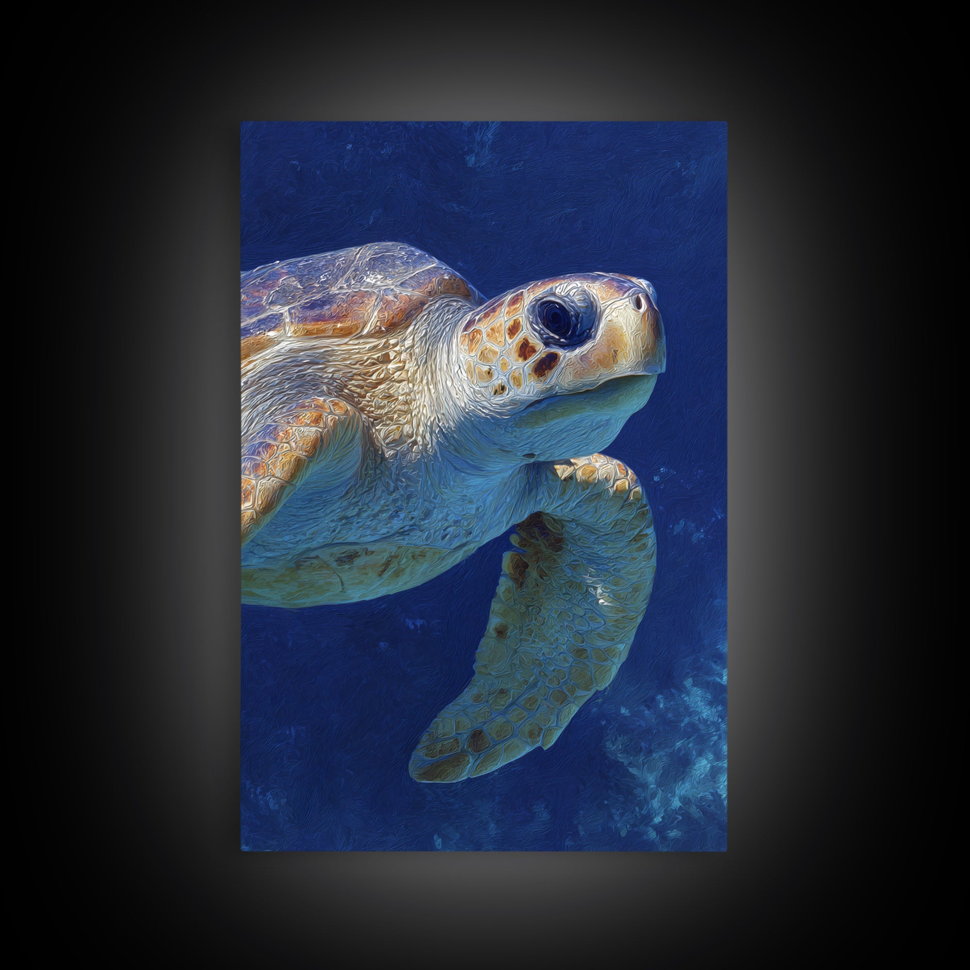 Sea Turtle Drifting Through Luminous Blue Water Framed Canvas Print, Animal Art, Living Room Decor, Watercolor Art, Creature, ANI-2x3-74