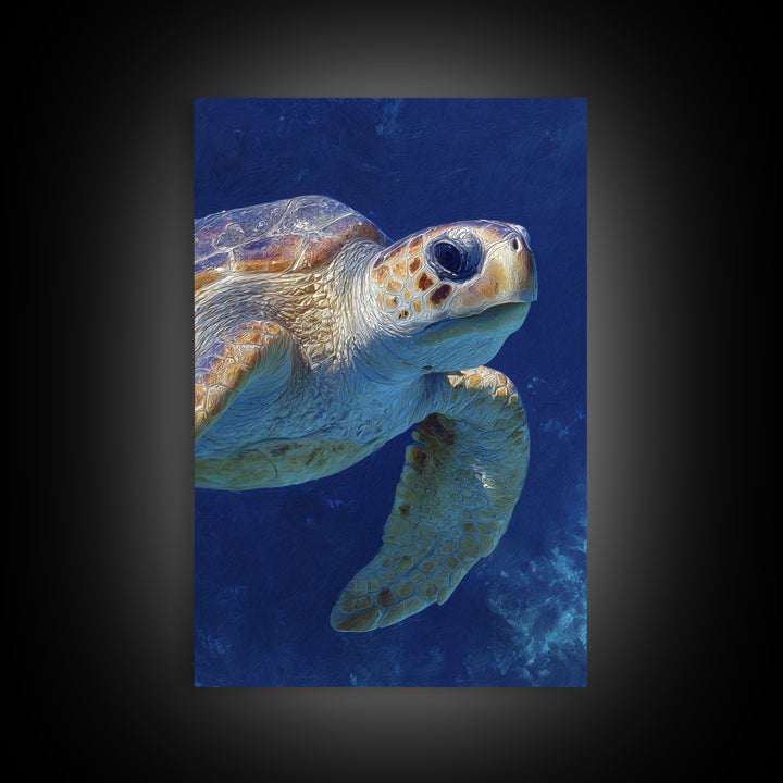 Sea Turtle Drifting Through Luminous Blue Water Framed Canvas Print, Animal Art, Living Room Decor, Watercolor Art, Creature, ANI-2x3-74