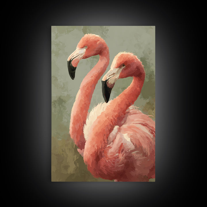 Flamingo Pair in Elegant Coral and Cream Framed Canvas Print, Animal Art, Digital Art, Living Room Decor, Fine Art, Creature, ANI-2x3-75