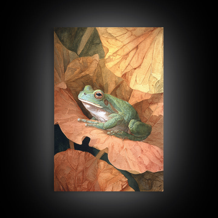 Frog on a Lotus Leaf Framed Canvas Print, Animal Art, Nursery Wall Art, Living Room Decor, Fine Art, Creature, Trendy Wall Art, ANI-2x3-76