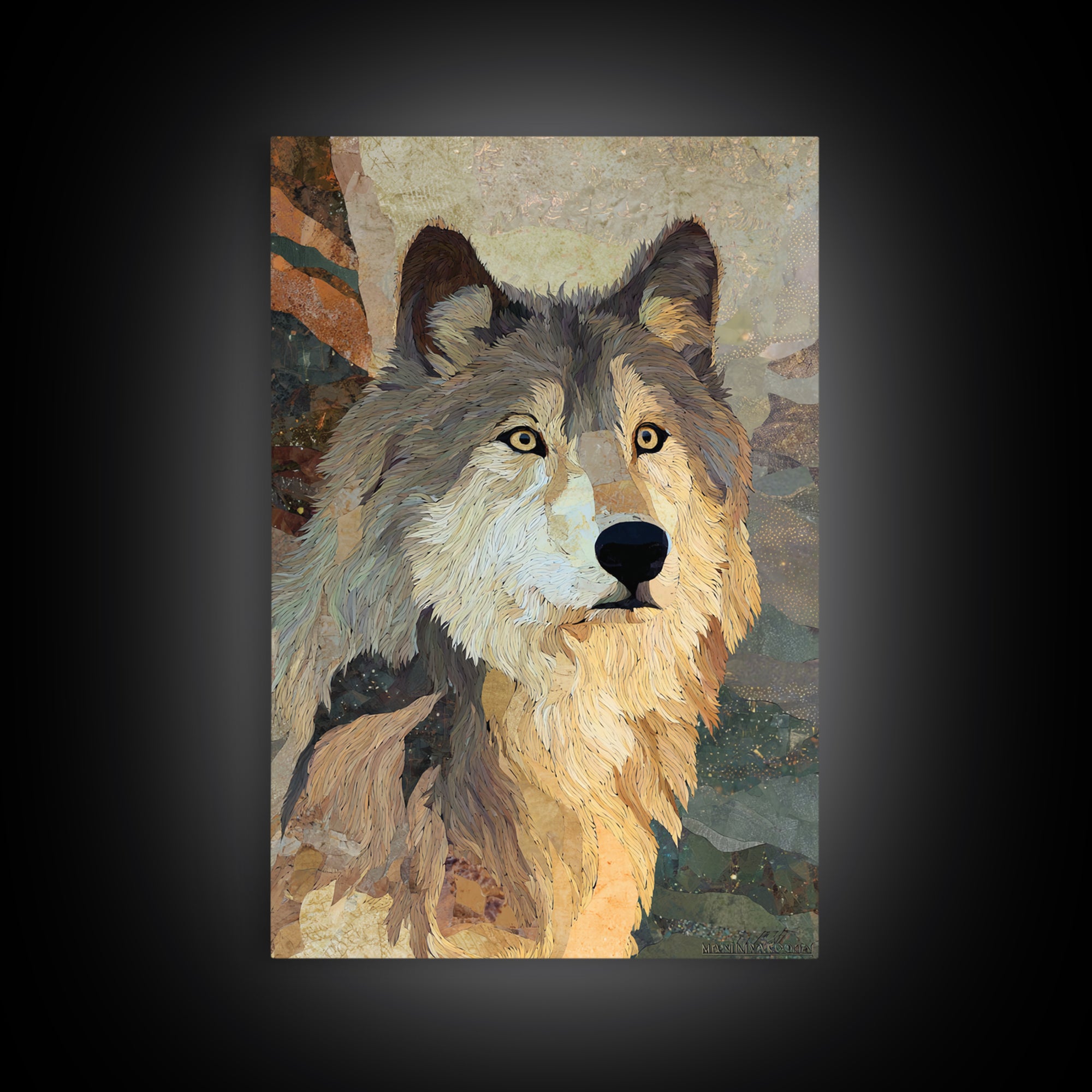 Wolf Silhouette Beneath a Star Filled Sky Framed Canvas Print, Animal Art, Decor, Living Room Decor, Fine Art, Creature, ANI-2x3-78
