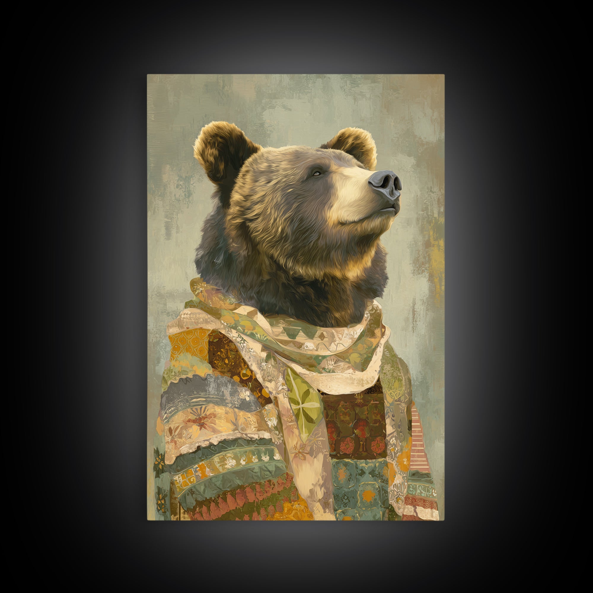 Whimsical Bear in a Patterned Sweater with Canvas Print, Animal Art, Digital Prints, Living Room Decor, Fine Art, Creature, ANI-2x3-82