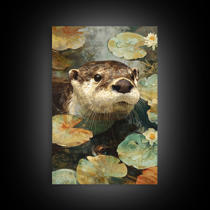 Playful Otter Floating Among Lily Pads Framed Canvas Print, Animal Art, Digital Art, Living Room Decor, Fine Art, Creature, ANI-2x3-88