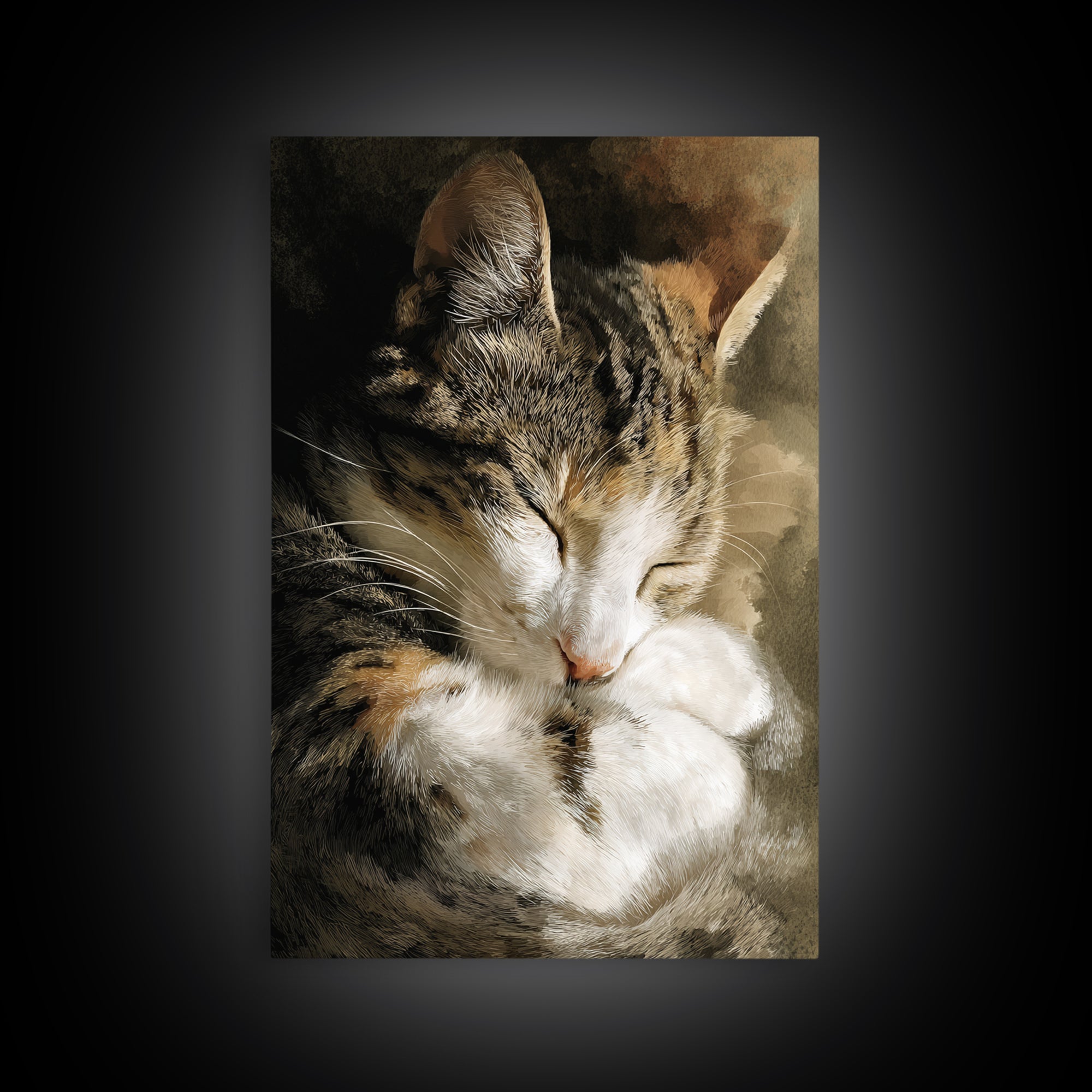 Sleeping Cat Curled Framed Canvas Print, Animal Art, Gallery Decor, Living Room Decor, Abstract Art, Creature, Contemporary Art, ANI-2x3-92