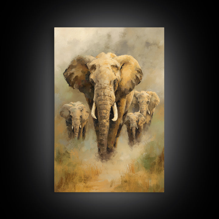 Elephant Family Walking Through Dusty Golden Light Framed Canvas Print, Animal Art, Printable, Living Room Decor, Creature, ANI-2x3-94