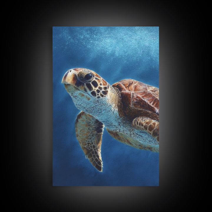 Sea Turtle Drifting Through Luminous Blue Water Framed Canvas Print, Animal Art, Living Room Decor, Watercolor Art, Creature, ANI-2x3-98