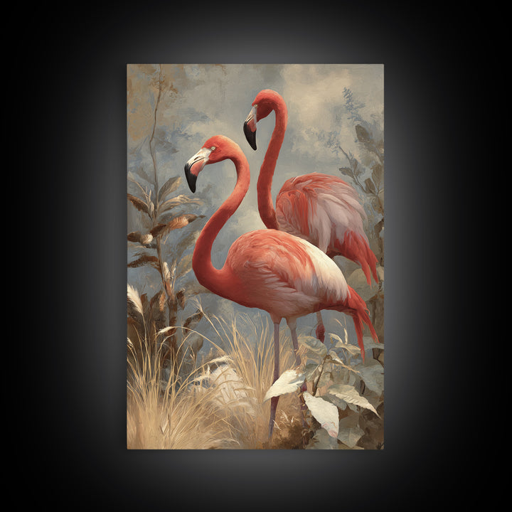Flamingo Pair in Elegant Coral and Cream Canvas Print, Animal Art, Nursery Decor, Living Room Decor, Fine Art, Creature, ANI-2x3-99