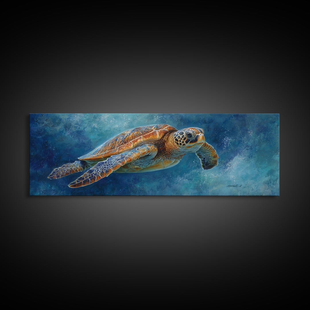 Sea Turtle Drifting Through Luminous Blue Water Framed Canvas Print, Animal Art, Home Decor, Living Room Decor, Creature, ANI-3x1-10