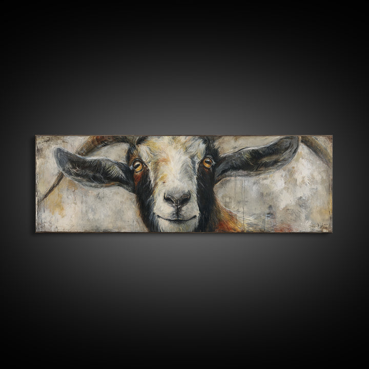 Goat Portrait with Rustic Folk Art Personality Canvas Print, Animal Art, Oil Painting, Living Room Decor, Fine Art, Creature, ANI-3x1-13