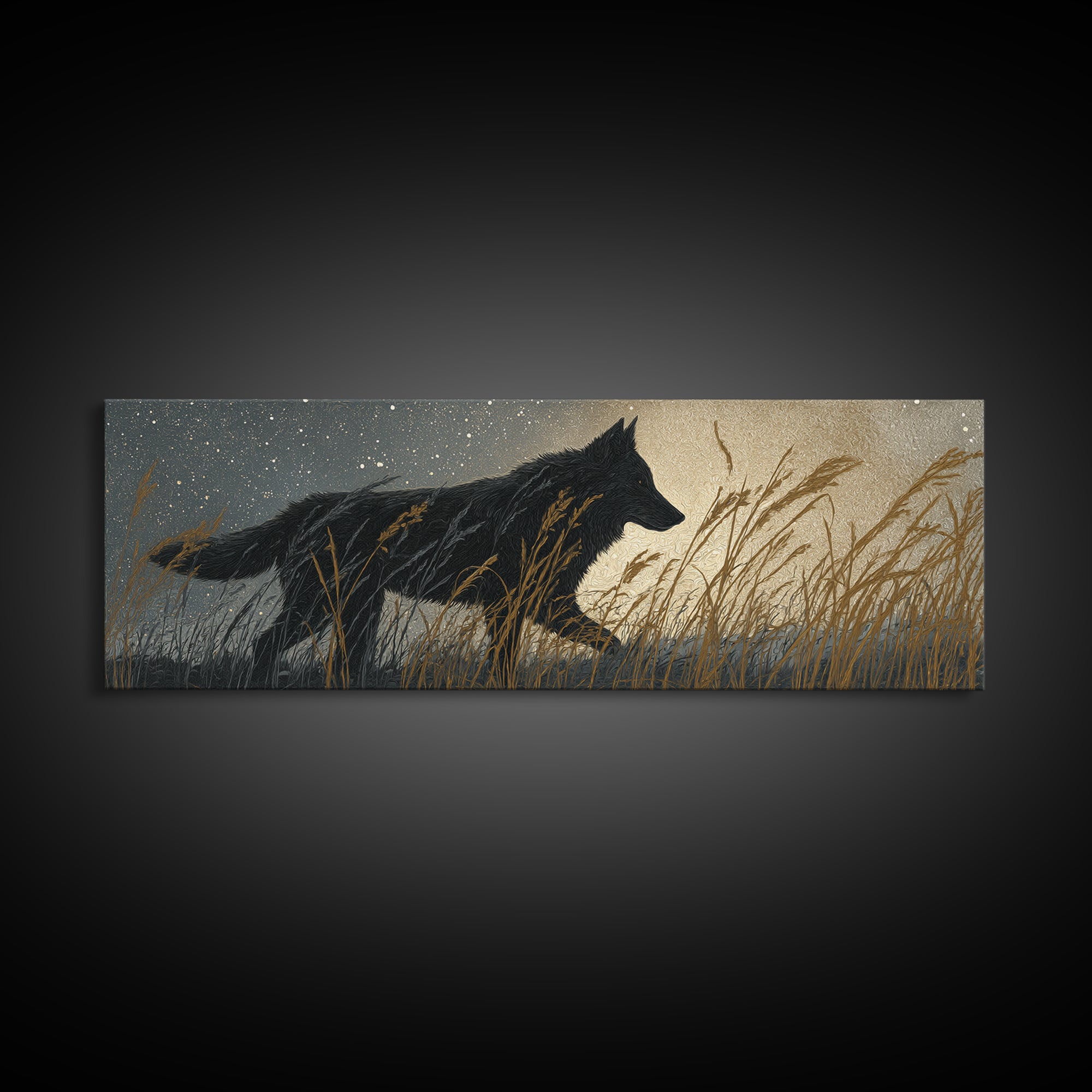 Wolf Silhouette Beneath a Star Filled Sky Canvas Print, Animal Art, Colorful Wall Art, Living Room Decor, Fine Art, Creature, ANI-3x1-14