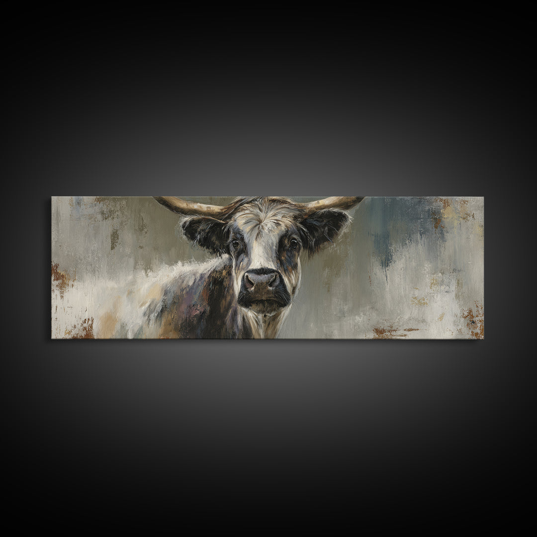 Gentle Cow Portrait Framed Canvas Print, Animal Art, Boho Decor, Living Room Decor, Oil Painting, Creature, Digital Prints, ANI-3x1-23