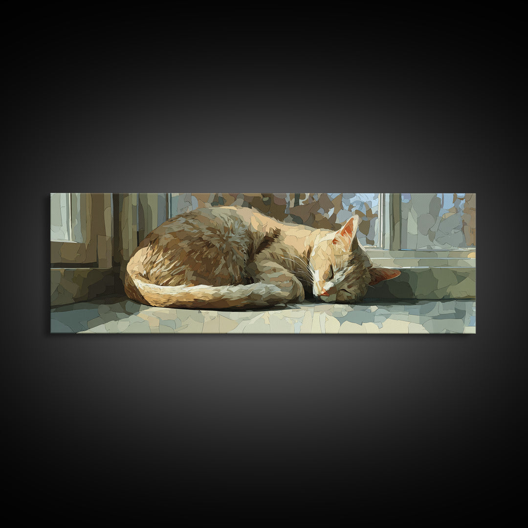 Sleeping Cat Curled Framed Canvas Print, Animal Art, Trendy Wall Art, Living Room Decor, Oil Painting, Creature, ANI-3x1-28