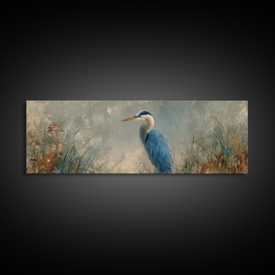 Blue Heron Standing Canvas Print, Animal Art, Gallery Decor, Living Room Decor, Fine Art, Creature, Contemporary Art, ANI-3x1-3