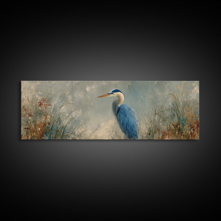 Blue Heron Standing Canvas Print, Animal Art, Gallery Decor, Living Room Decor, Fine Art, Creature, Contemporary Art, ANI-3x1-3