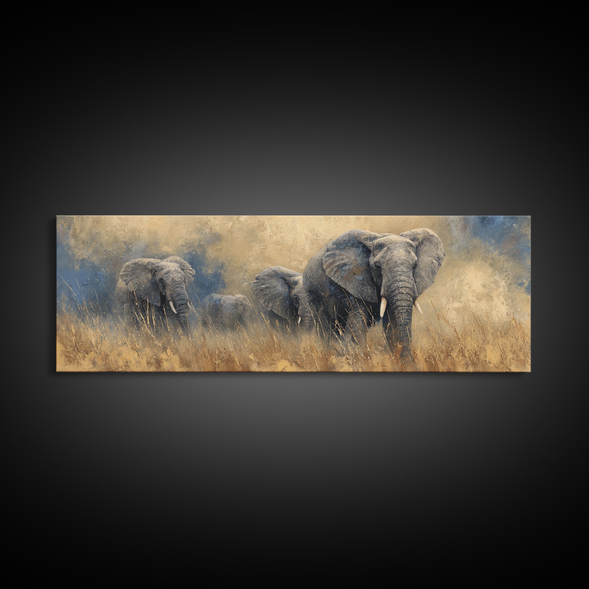 Elephant Family Walking Through Dusty Golden Light Canvas Print, Animal Art, Wall Art, Living Room Decor, Fine Art, Creature, ANI-3x1-30
