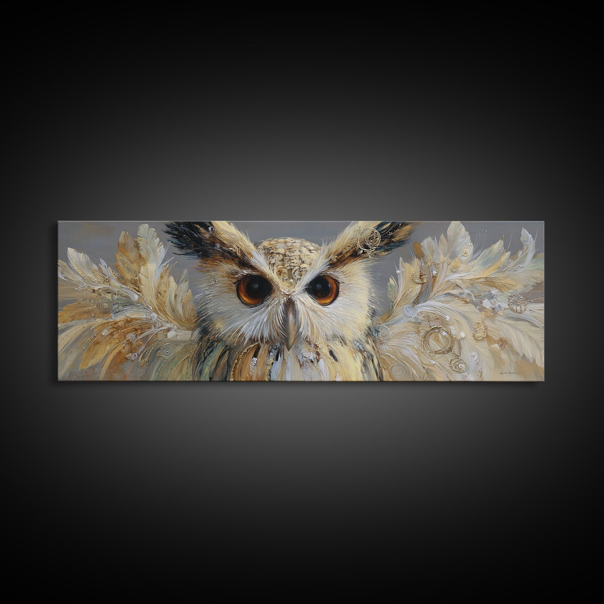 Owl with Moonlit Feathers and Celestial Accents Canvas Print, Animal Art, Luxury Decor, Living Room Decor, Abstract Art, ANI-3x1-31