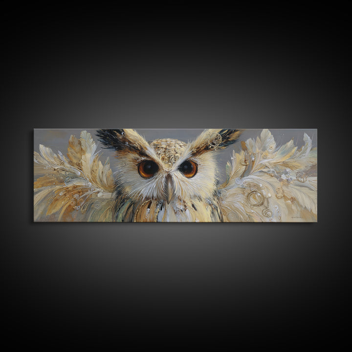Owl with Moonlit Feathers and Celestial Accents Canvas Print, Animal Art, Luxury Decor, Living Room Decor, Abstract Art, ANI-3x1-31