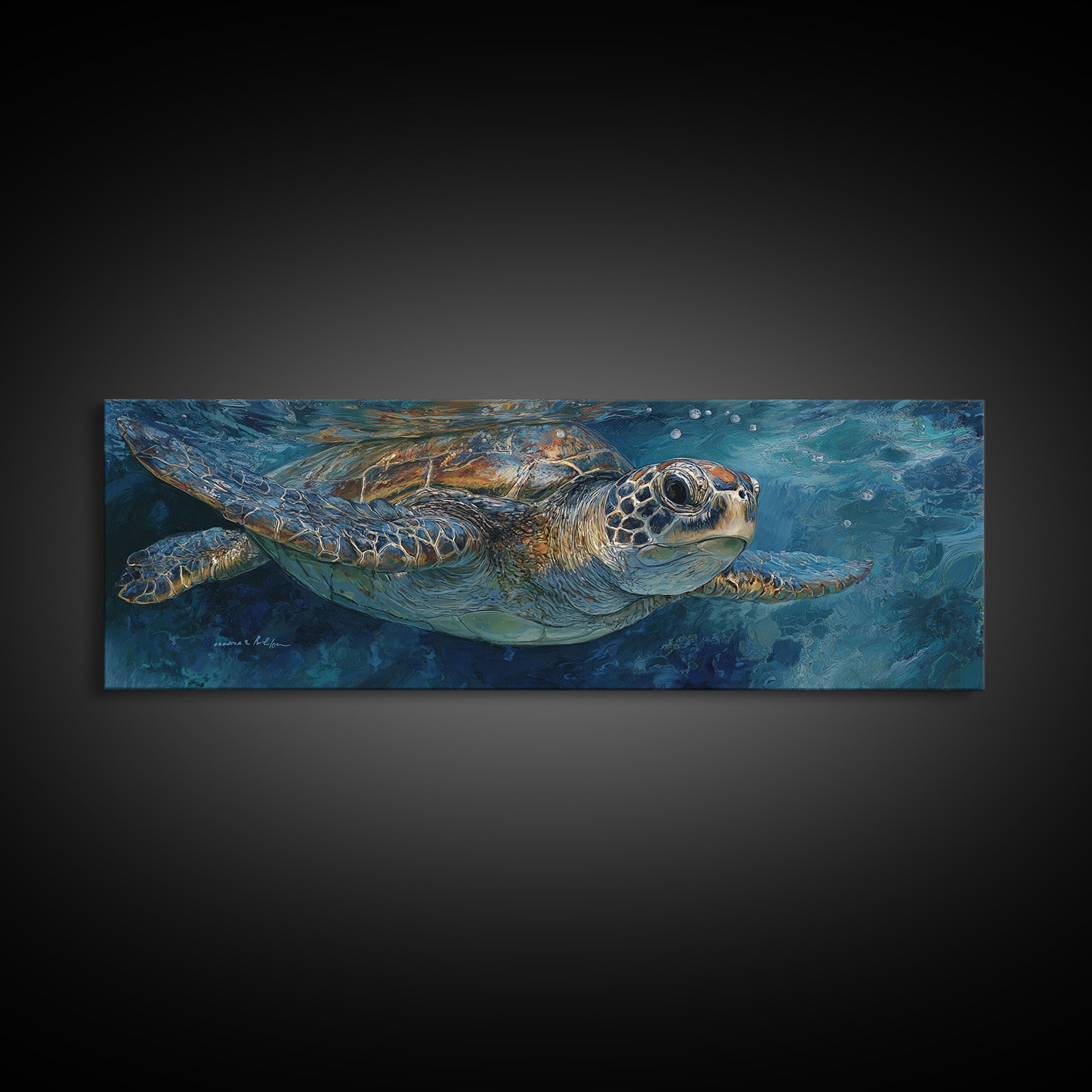 Sea Turtle Drifting Through Luminous Blue Water Canvas Print, Animal Art, Digital Art, Living Room Decor, Abstract Art, ANI-3x1-34