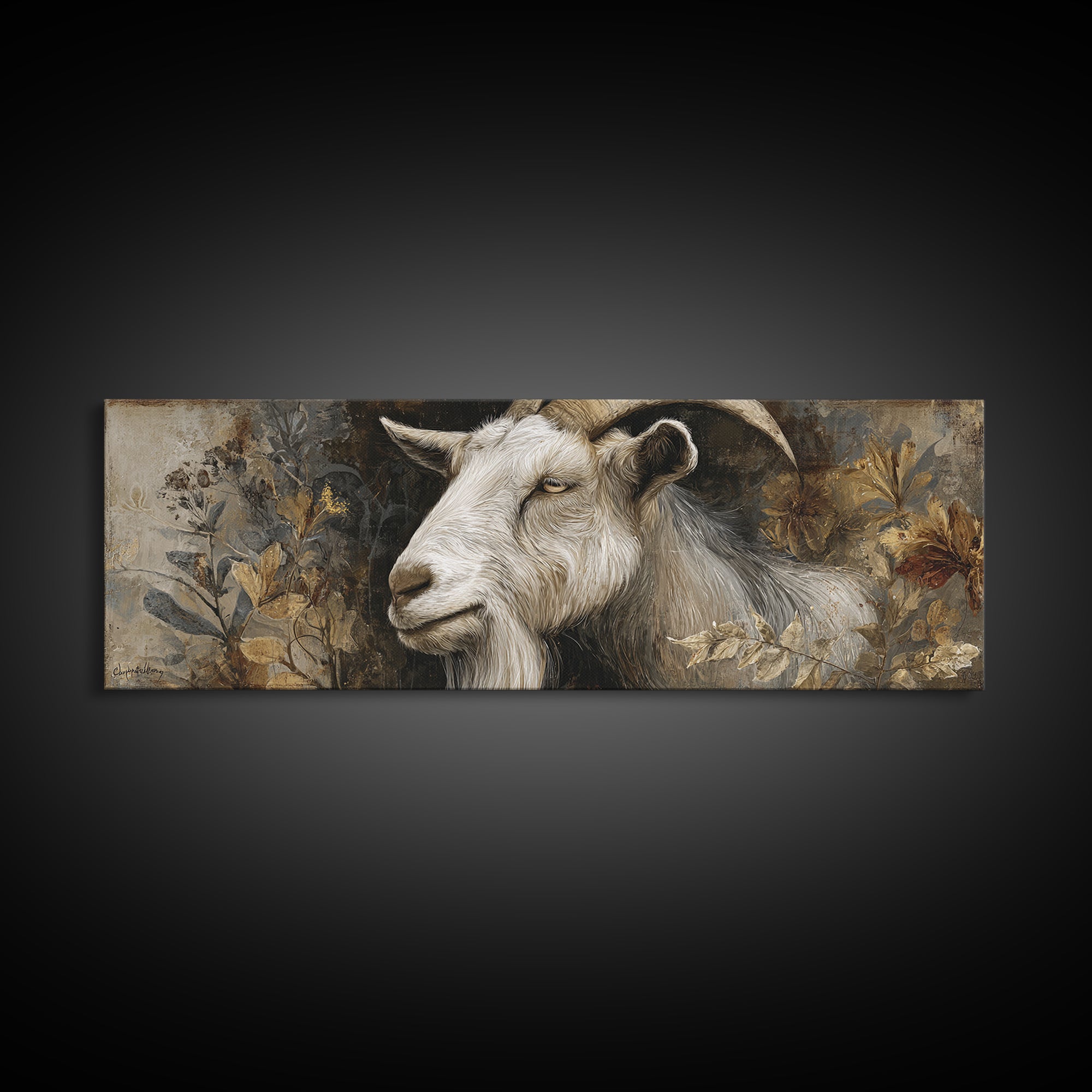 Goat Portrait with Rustic Folk Art Personality Framed Canvas Print, Animal Art, Digital Print, Living Room Decor, Creature, ANI-3x1-37