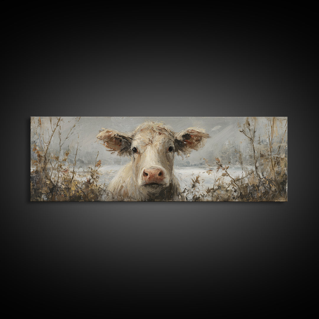 Gentle Cow Portrait Framed Canvas Print, Animal Art, Wall Decor, Living Room Decor, Fine Art, Creature, Nursery Wall Art, ANI-3x1-47