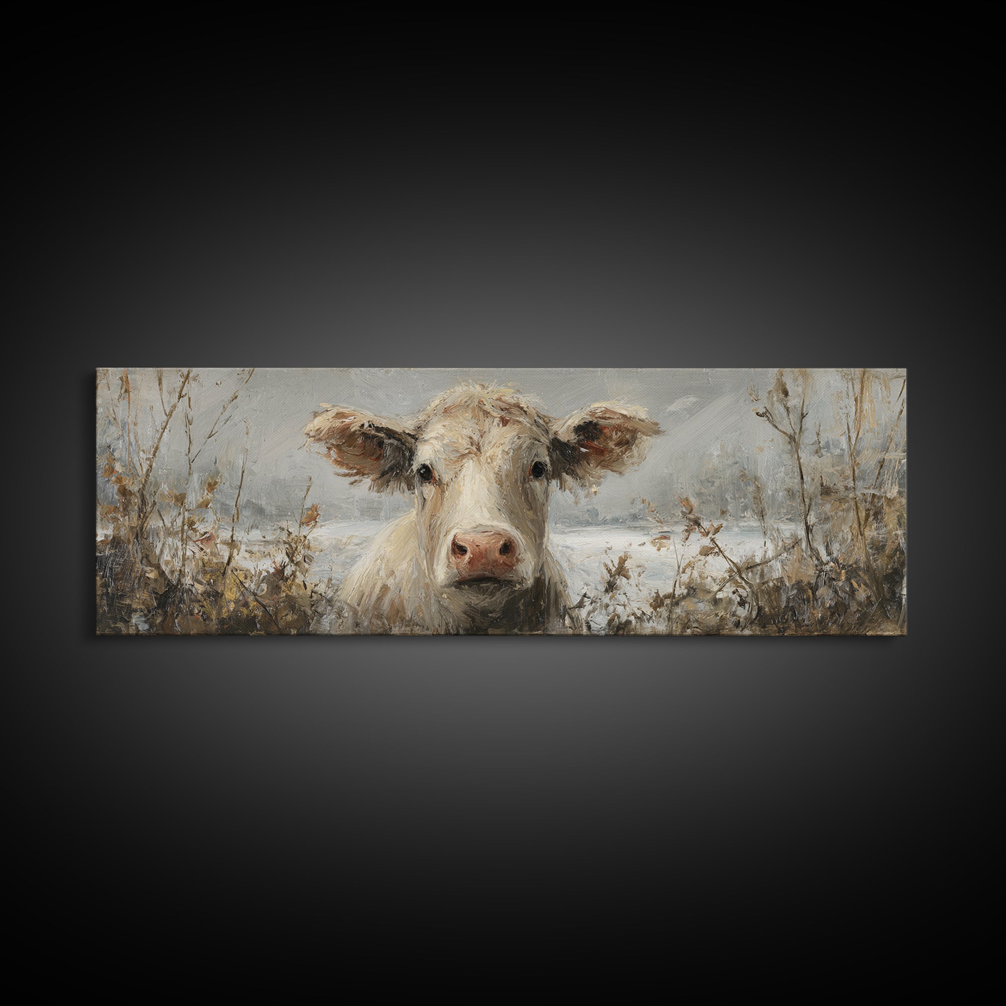 Gentle Cow Portrait Framed Canvas Print, Animal Art, Wall Decor, Living Room Decor, Fine Art, Creature, Nursery Wall Art, ANI-3x1-47