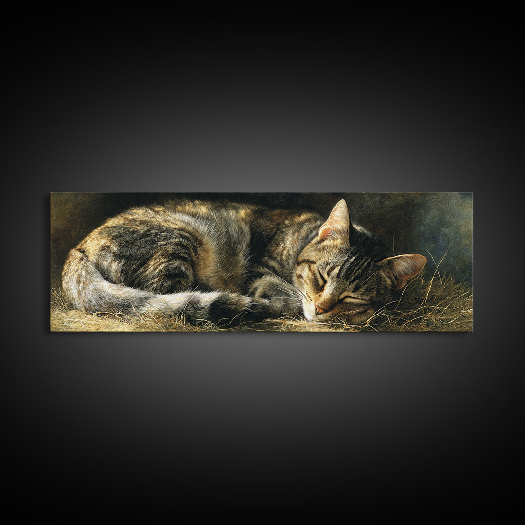 Sleeping Cat Curled Framed Canvas Print, Animal Art, Room Decor, Living Room Decor, Abstract Art, Creature, Printable, ANI-3x1-52