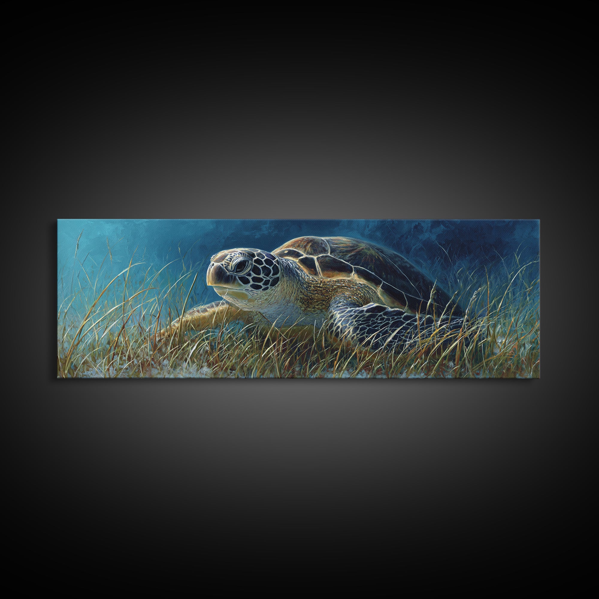 Sea Turtle Drifting Through Luminous Blue Water Framed Canvas Print, Animal Art, Nursery Decor, Living Room Decor, Creature, ANI-3x1-58