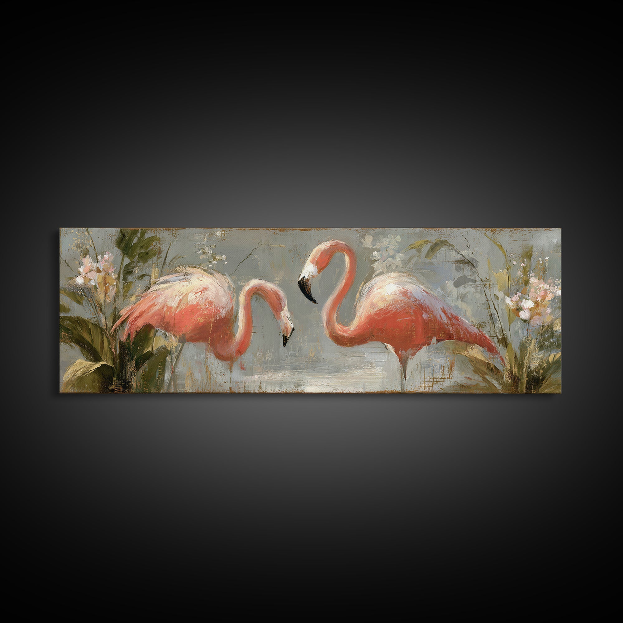 Flamingo Pair in Elegant Coral and Cream Framed Canvas Print, Animal Art, Wall Art, Living Room Decor, Fine Art, Creature, ANI-3x1-59