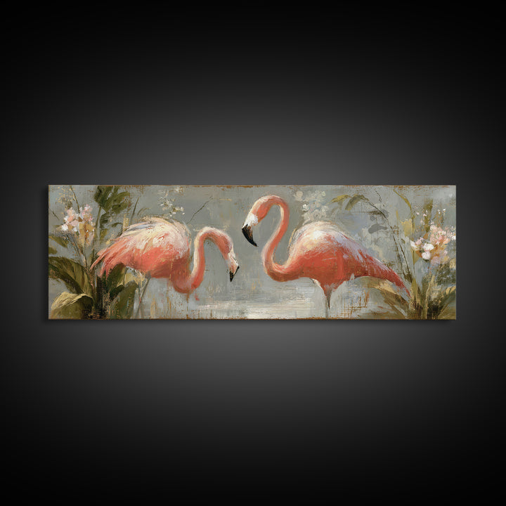 Flamingo Pair in Elegant Coral and Cream Framed Canvas Print, Animal Art, Wall Art, Living Room Decor, Fine Art, Creature, ANI-3x1-59