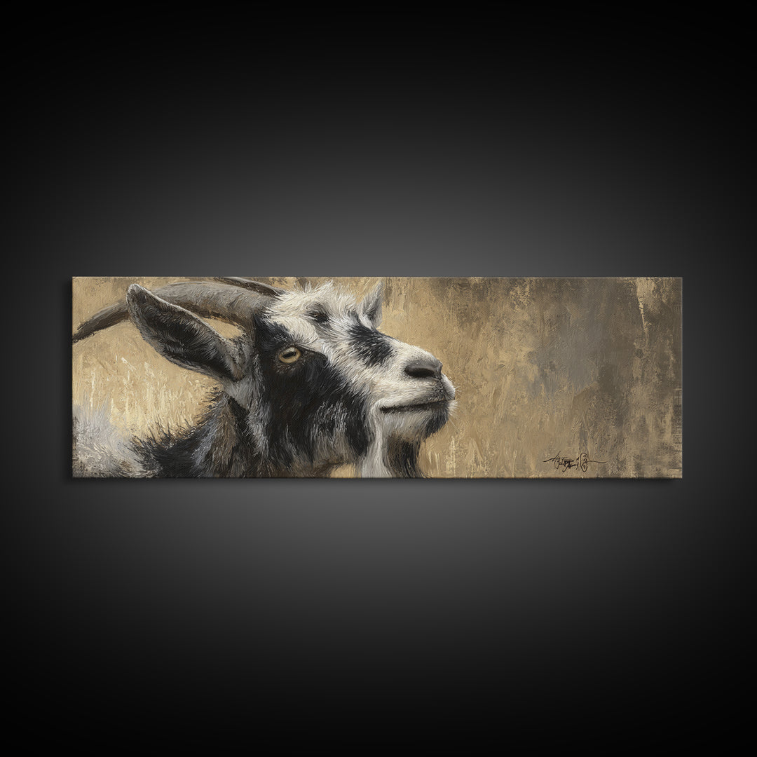Goat Portrait with Rustic Folk Art Personality Canvas Print, Animal Art, Boho Wall Art, Living Room Decor, Oil Painting, ANI-3x1-61