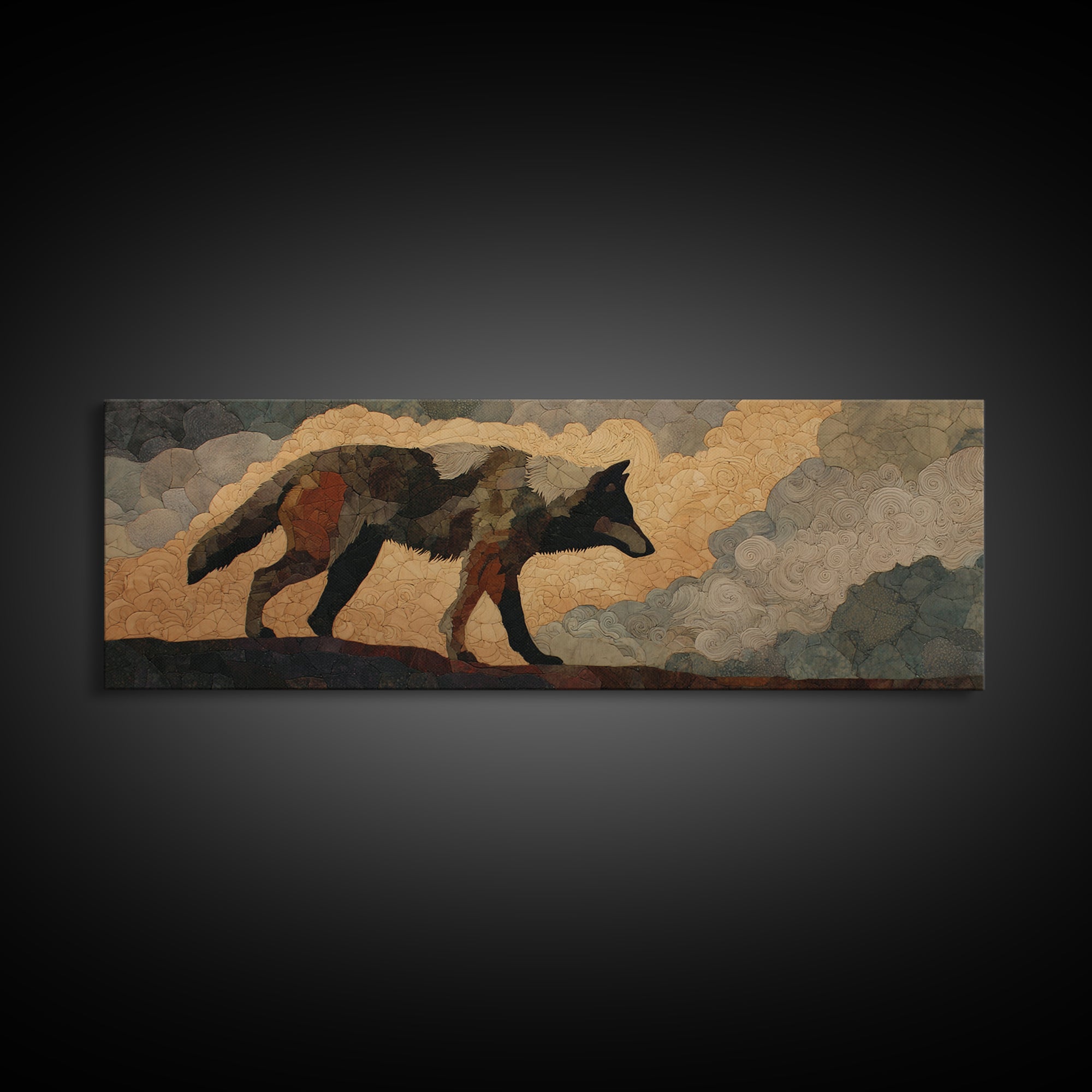 Wolf Silhouette Beneath a Star Filled Sky Canvas Print, Animal Art, Gallery Decor, Living Room Decor, Oil Painting, Creature, ANI-3x1-62