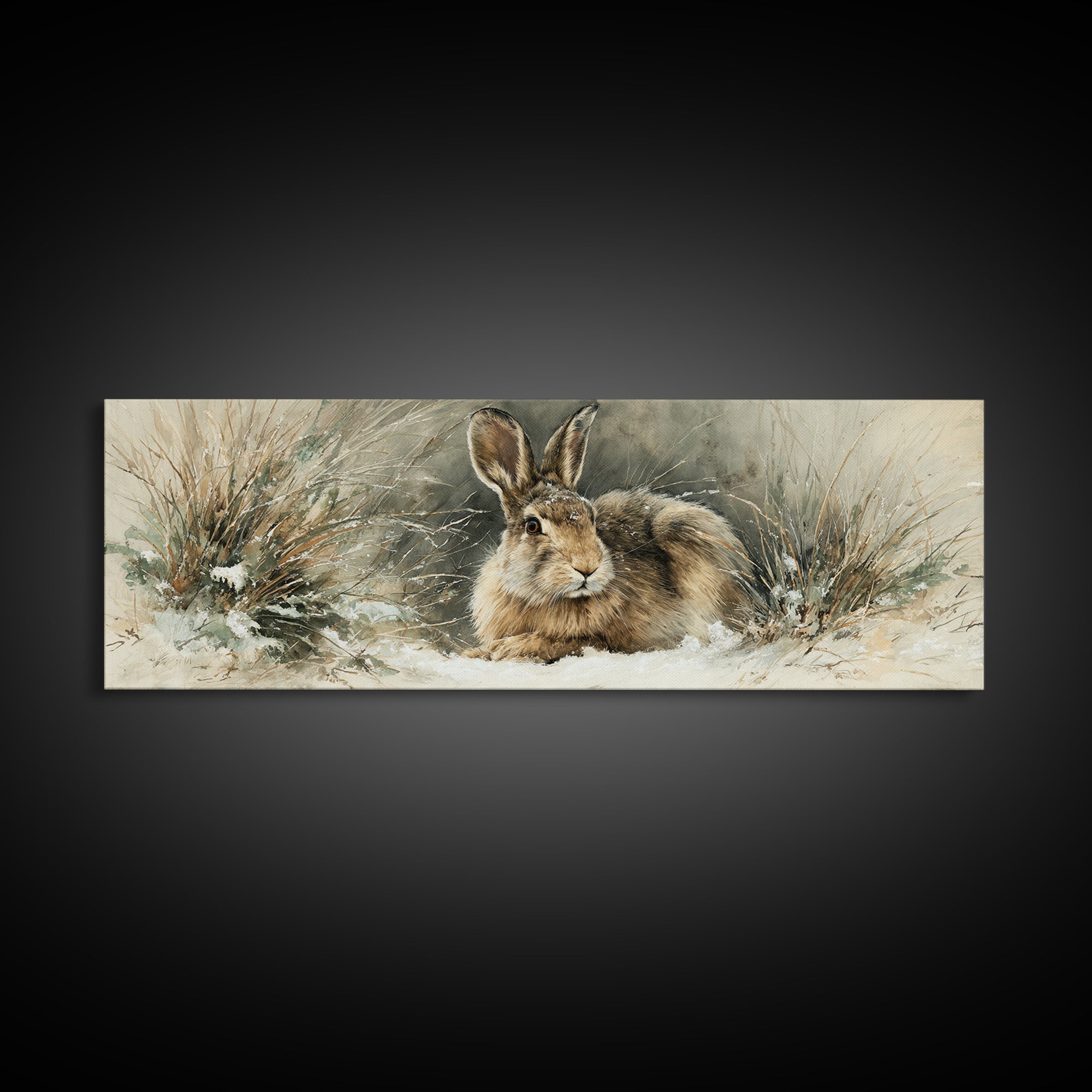 Curious Rabbit in a Soft Watercolor Meadow Framed Canvas Print, Animal Art, Modern Wall Art, Living Room Decor, Creature, ANI-3x1-69