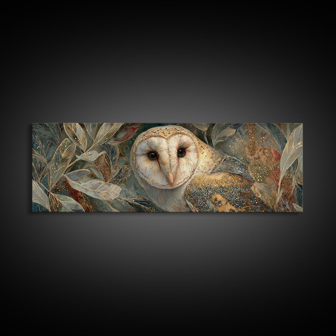 Owl with Moonlit Feathers and Celestial Accents Framed Canvas Print, Animal Art, Neutral Decor, Living Room Decor, Creature, ANI-3x1-7
