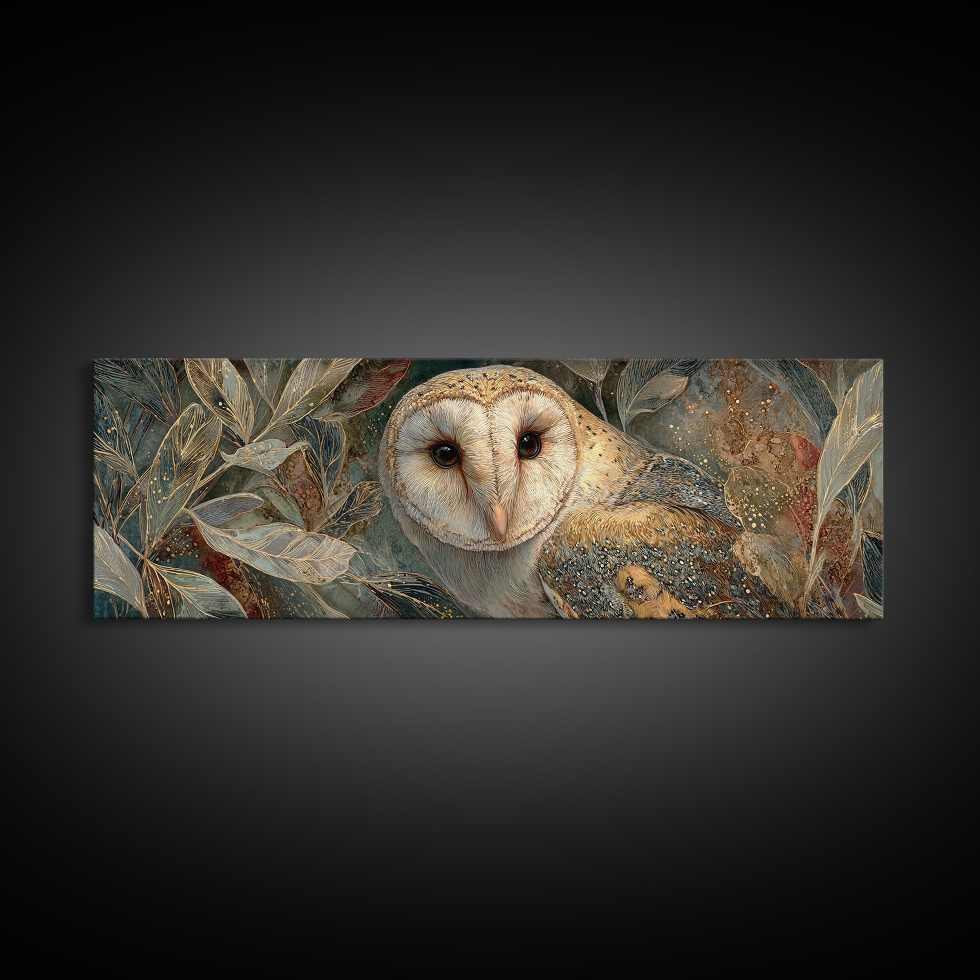 Owl with Moonlit Feathers and Celestial Accents Framed Canvas Print, Animal Art, Neutral Decor, Living Room Decor, Creature, ANI-3x1-7