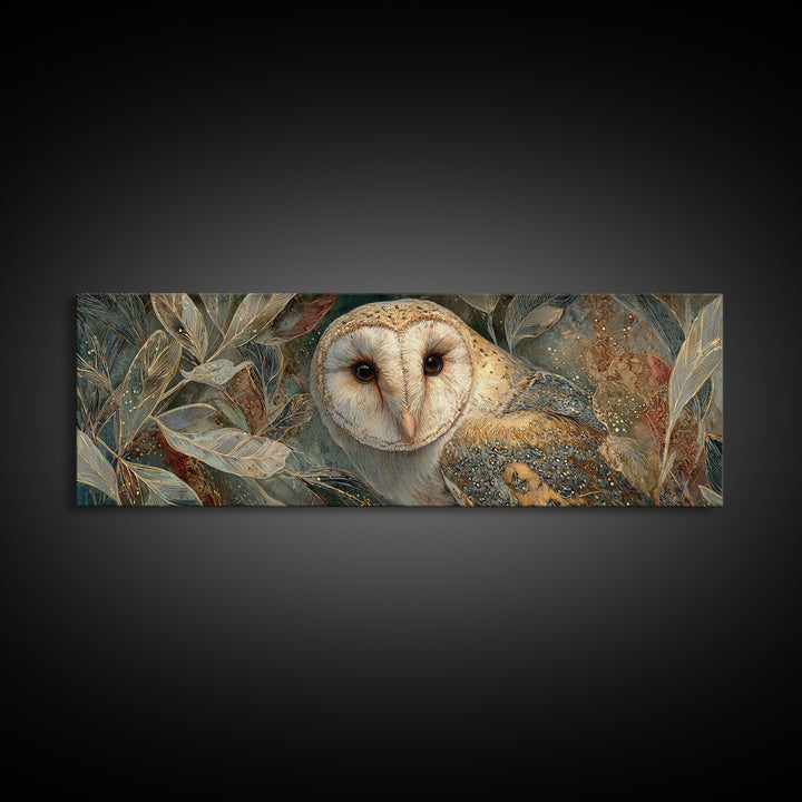 Owl with Moonlit Feathers and Celestial Accents Framed Canvas Print, Animal Art, Neutral Decor, Living Room Decor, Creature, ANI-3x1-7