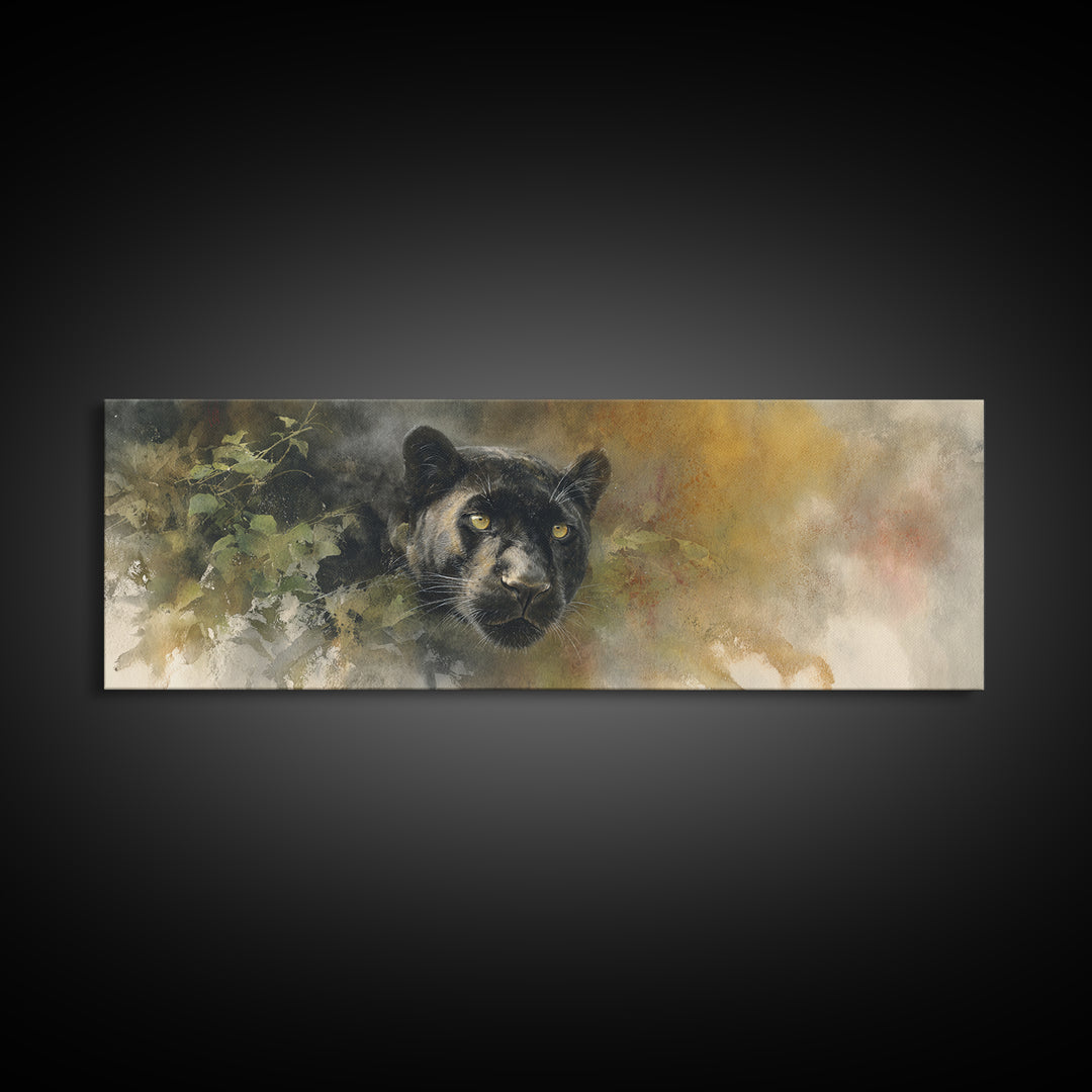 Dramatic Black Panther Emerging from Deep Jungle Canvas Print, Animal Art, Art Print, Living Room Decor, Oil Painting, Creature, ANI-3x1-70