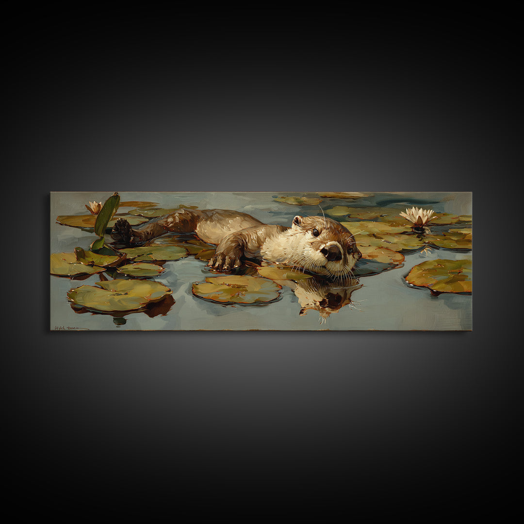 Playful Otter Floating Among Lily Pads Framed Canvas Print, Animal Art, Wall Art, Living Room Decor, Fine Art, Creature, ANI-3x1-72