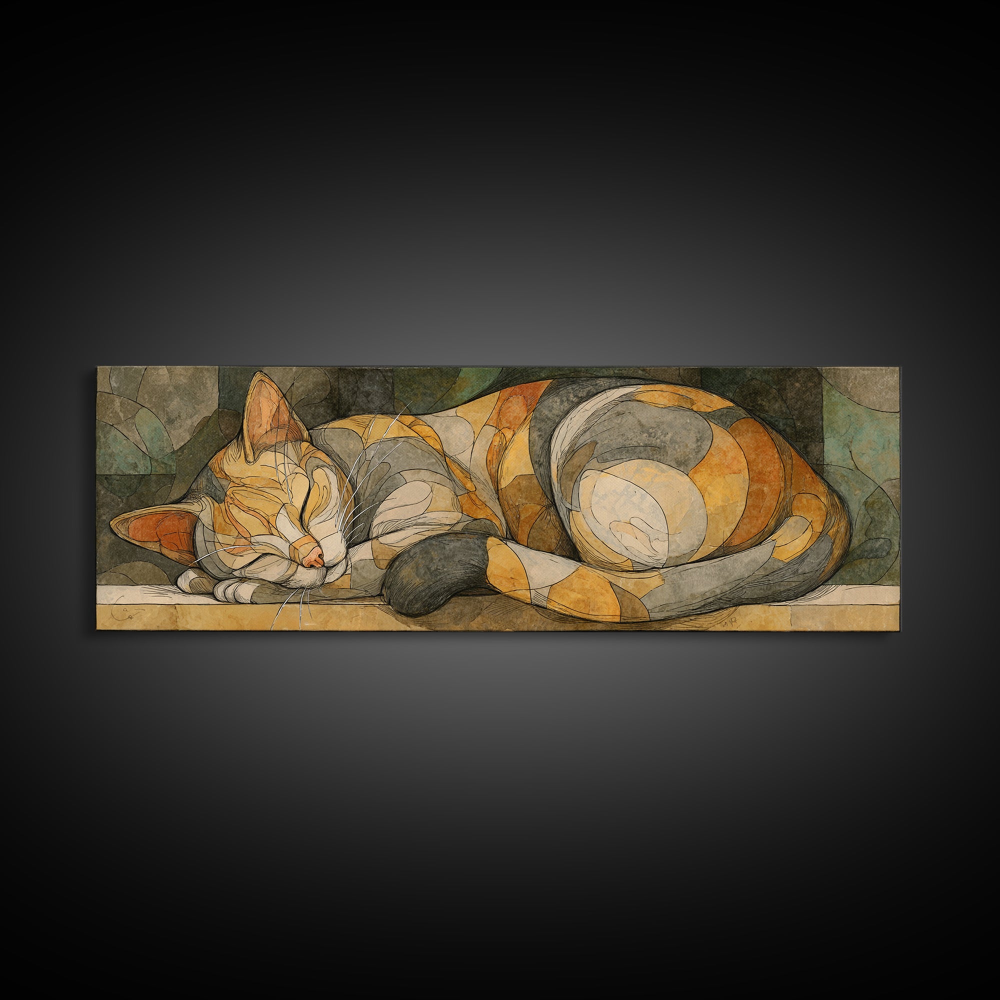 Sleeping Cat Curled Canvas Print, Animal Art, Home Decor, Living Room Decor, Fine Art, Creature, Art Deco, Original Art, ANI-3x1-76
