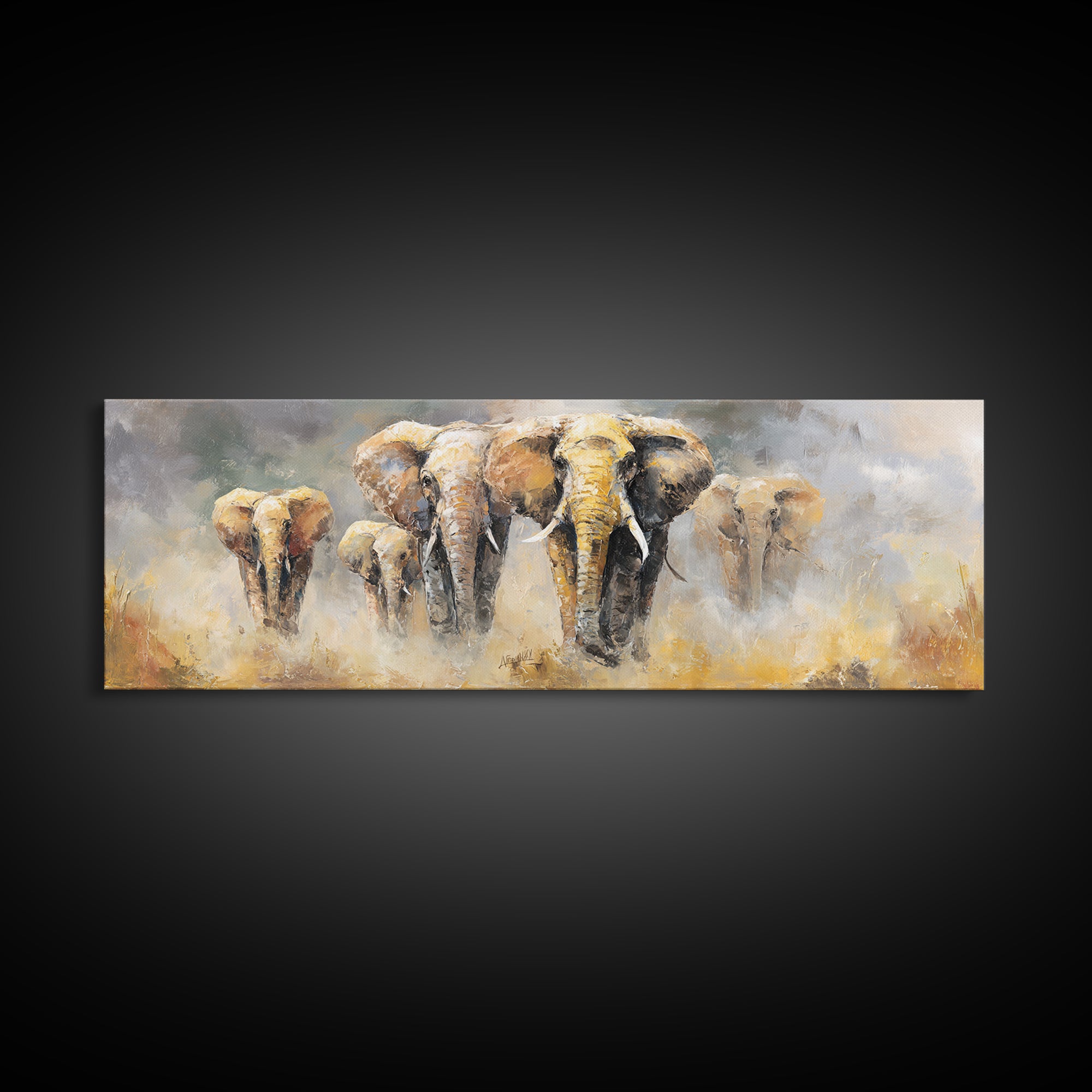 Elephant Family Walking Through Dusty Golden Light Canvas Print, Animal Art, Art, Living Room Decor, Fine Art, Creature, ANI-3x1-78