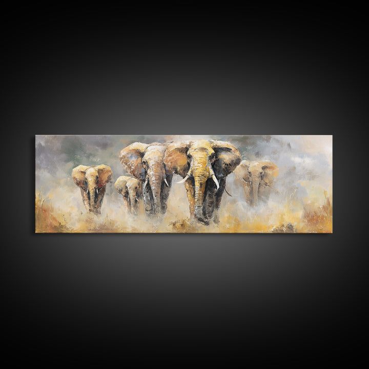 Elephant Family Walking Through Dusty Golden Light Canvas Print, Animal Art, Art, Living Room Decor, Fine Art, Creature, ANI-3x1-78