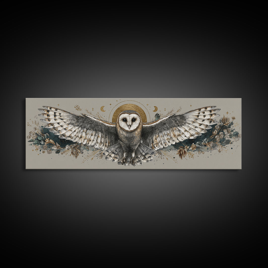 Owl with Moonlit Feathers and Celestial Accents Framed Canvas Print, Animal Art, Oil Painting, Living Room Decor, Creature, ANI-3x1-79