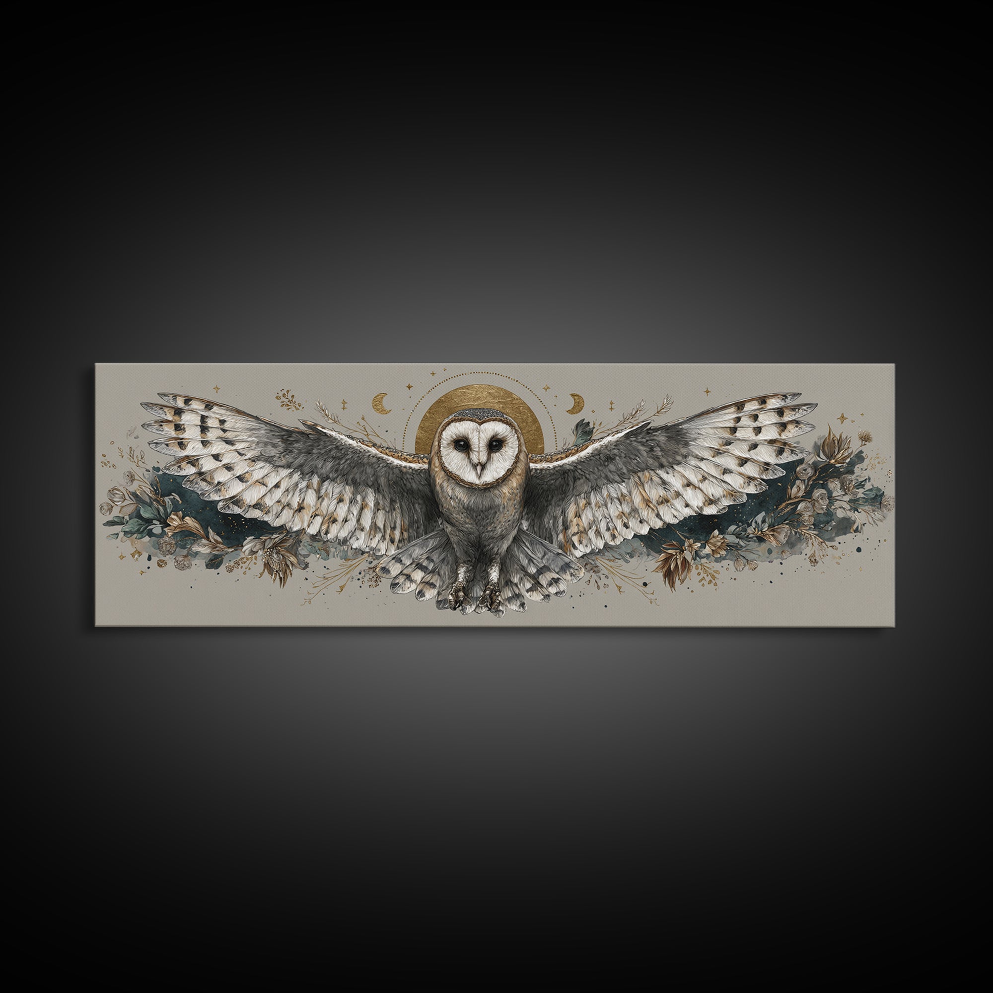 Owl with Moonlit Feathers and Celestial Accents Framed Canvas Print, Animal Art, Oil Painting, Living Room Decor, Creature, ANI-3x1-79