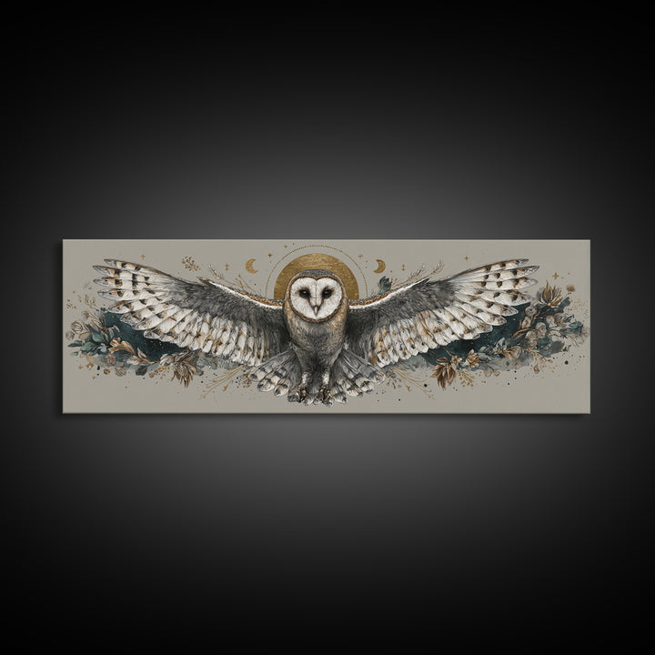 Owl with Moonlit Feathers and Celestial Accents Framed Canvas Print, Animal Art, Oil Painting, Living Room Decor, Creature, ANI-3x1-79