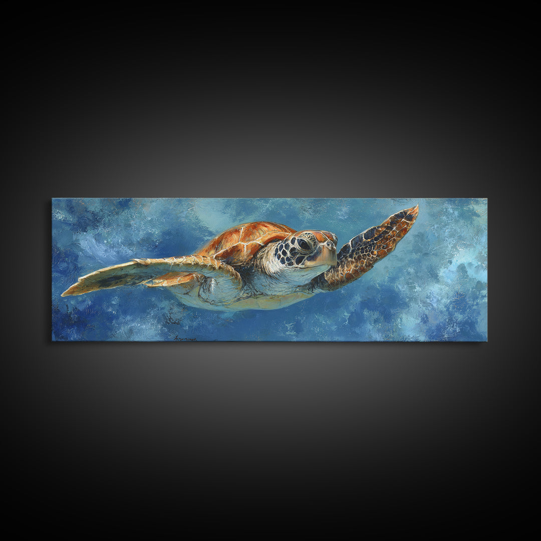 Sea Turtle Drifting Through Luminous Blue Water Framed Canvas Print, Animal Art, Nursery Decor, Living Room Decor, Creature, ANI-3x1-82