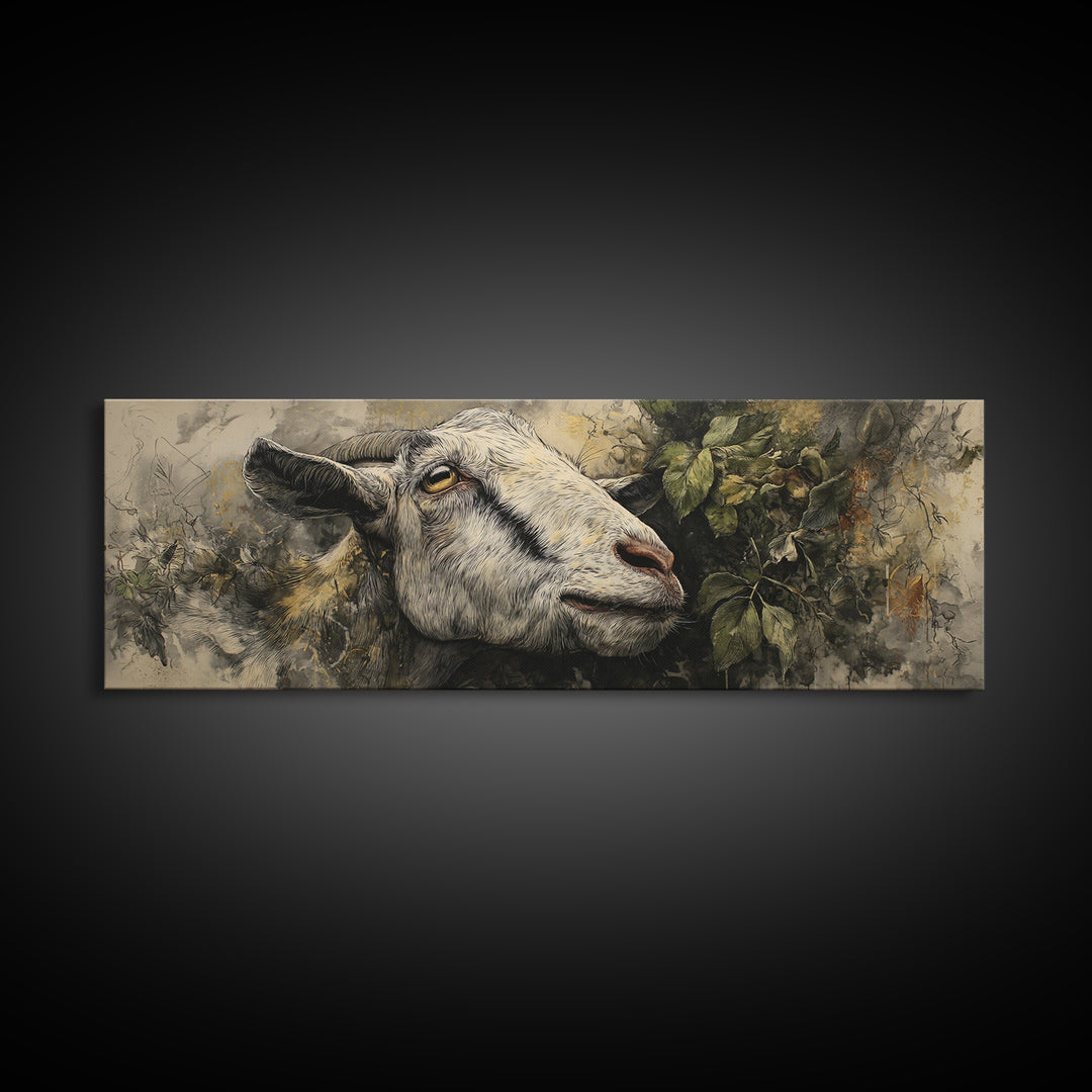 Goat Portrait with Rustic Folk Art Personality Canvas Print, Animal Art, Boho Wall Art, Living Room Decor, Oil Painting, ANI-3x1-85