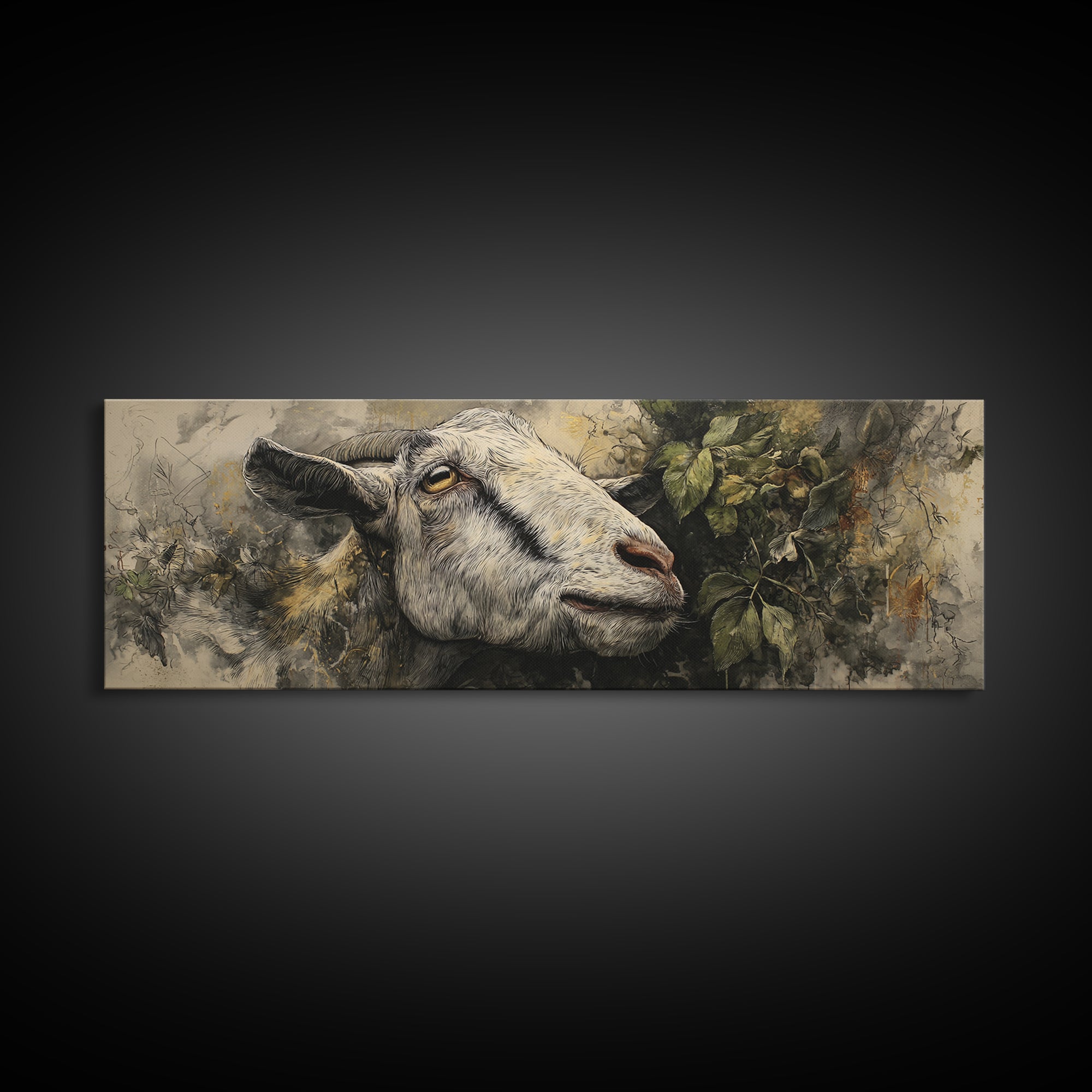 Goat Portrait with Rustic Folk Art Personality Canvas Print, Animal Art, Boho Wall Art, Living Room Decor, Oil Painting, ANI-3x1-85