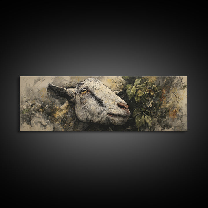 Goat Portrait with Rustic Folk Art Personality Canvas Print, Animal Art, Boho Wall Art, Living Room Decor, Oil Painting, ANI-3x1-85