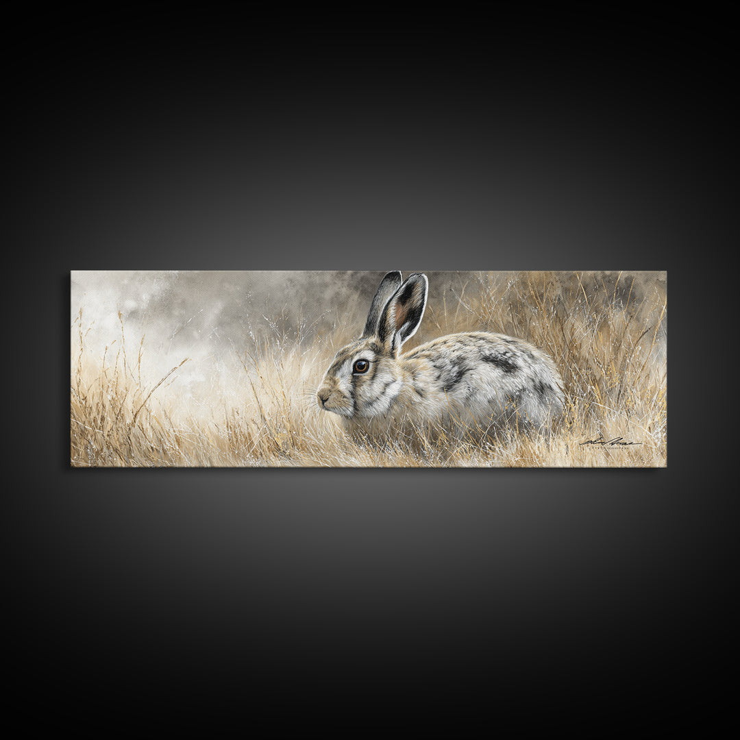 Curious Rabbit in a Soft Watercolor Meadow Canvas Print, Animal Art, Downloadable Art, Living Room Decor, Oil Painting, ANI-3x1-93